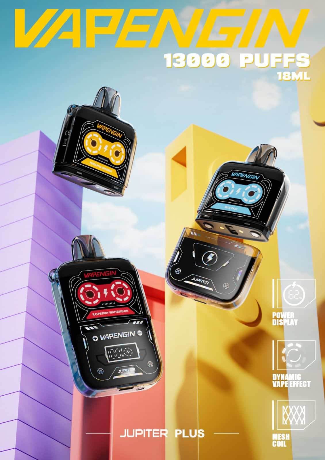 Vapengin Jupiter 2 replacement pod with vibrant colors and dynamic vape effects, showcasing 13,000 puffs capability.